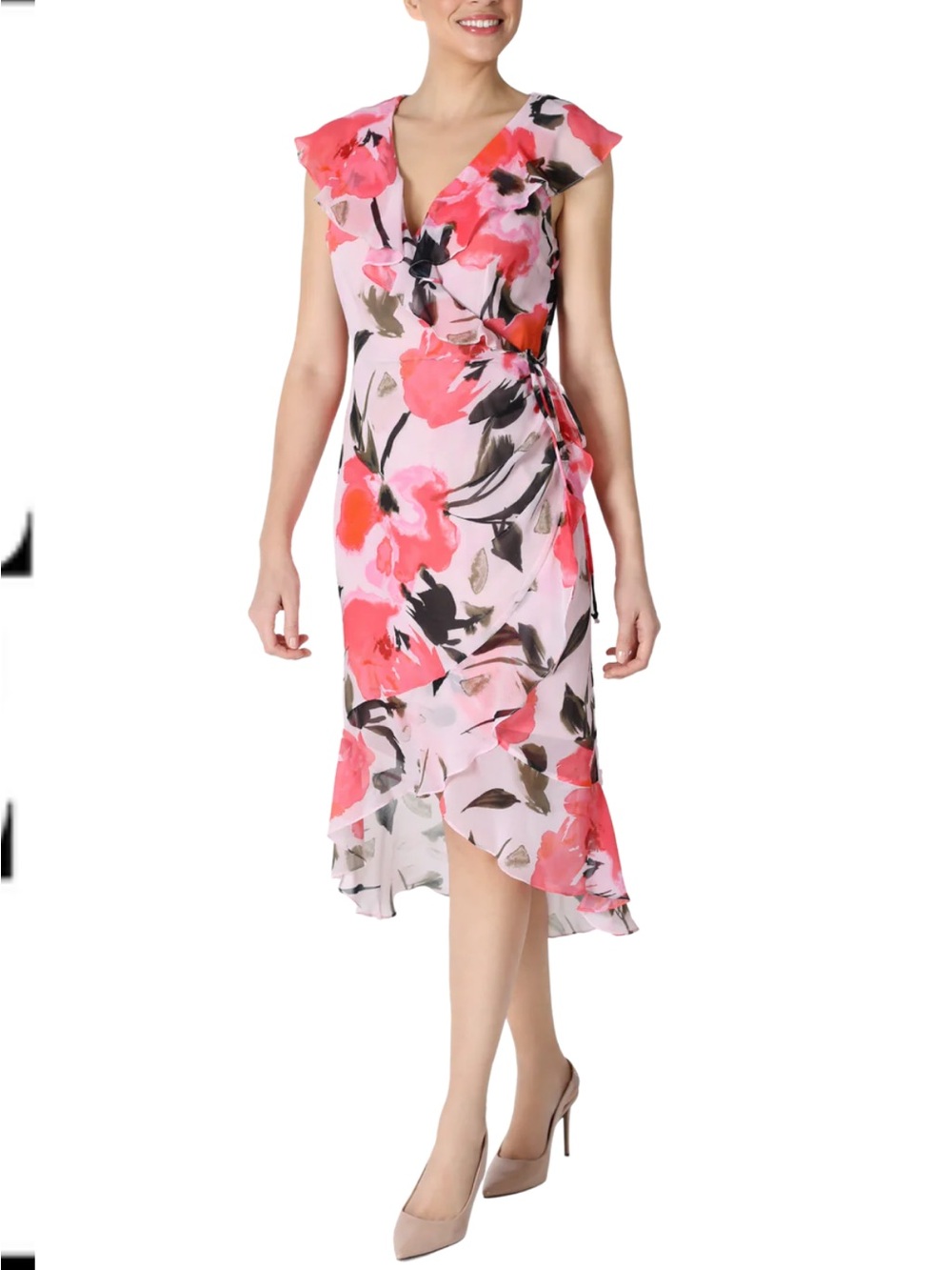 INC Sleeveless Coral Midi Hi-Low Floral Flowy Dress Pink Spring Summer Rose